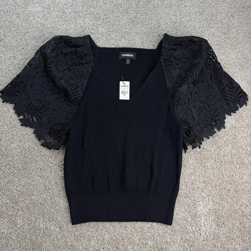 Express Blouse Womens XS Black Lace Flutter Sleeve V Neck Knit Stretch Top